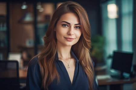 Beautiful young secretary woman smiling. Office blurred backgroundの素材