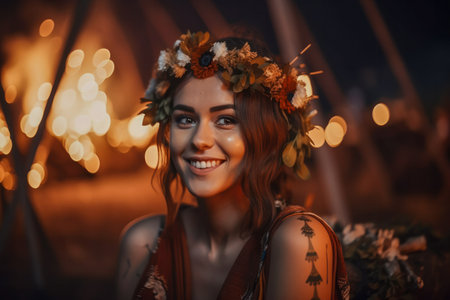 Beltane Celebration. Woman Participating in a Ritual Around a Bonfire. happy, beautiful, flirty girl enjoying the Beltane holiday ceremony.の素材