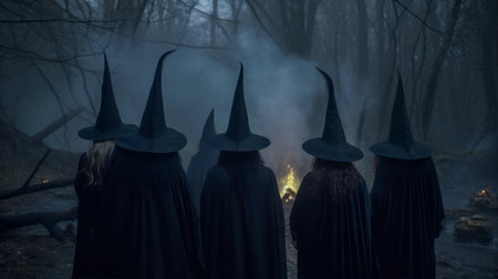 Coven of witches, viewed from the back. secret dark ceremony, ritual, Walpurgis night, Halloween...の素材