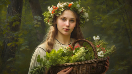 Beautiful Girl, Collecting Medicinal Herbs in Basket for Beltane May 1st Celebration. A lovely woman wearing traditional clothes, wrath of flowes, gathers a medicinal herbs in a basket.の素材