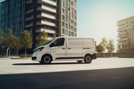 White cargo van, City street background.の素材