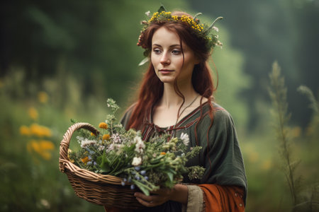 Beautiful Girl, Collecting Medicinal Herbs in Basket for Beltane May 1st Celebration. A lovely woman wearing traditional clothes, wrath of flowes, gathers a medicinal herbs in a basket.の素材