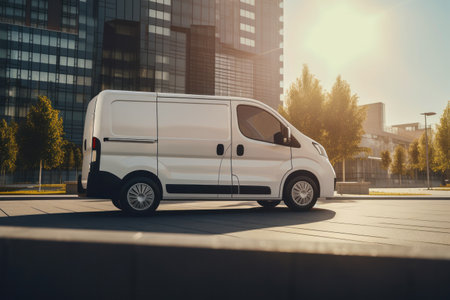 White cargo van, City street background.の素材