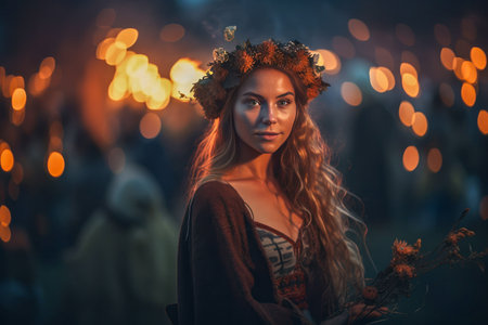 Beltane Celebration. Woman Participating in a Ritual Around a Bonfire. happy, beautiful, flirty girl enjoying the Beltane holiday ceremony.の素材