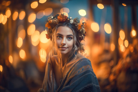Beltane Celebration. Woman Participating in a Ritual Around a Bonfire. happy, beautiful, flirty girl enjoying the Beltane holiday ceremony.の素材