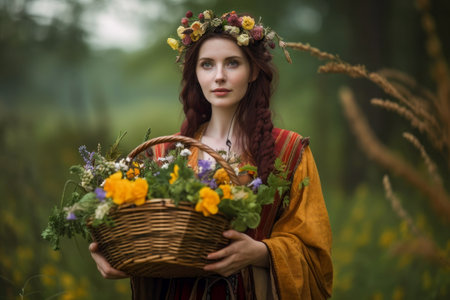 Beautiful Girl, Collecting Medicinal Herbs in Basket for Beltane May 1st Celebration. A lovely woman wearing traditional clothes, wrath of flowes, gathers a medicinal herbs in a basket.の素材