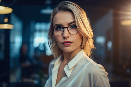 Beautiful young secretary woman wearing glasses. Office blurred backgroundの素材