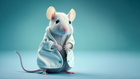 Scientist mouse in lab coat ready for science, medicine research. Laboratory blurred background. World Day For Animals In Laboratories, WDAIL, World Lab Animal Day, April 24. Concept illustration.の素材