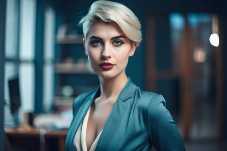 Beautiful young secretary woman smiling. Office blurred backgroundの素材