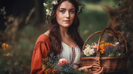 Beautiful Girl, Collecting Medicinal Herbs in Basket for Beltane May 1st Celebration. A lovely woman wearing traditional clothes, wrath of flowes, gathers a medicinal herbs in a basket.の素材