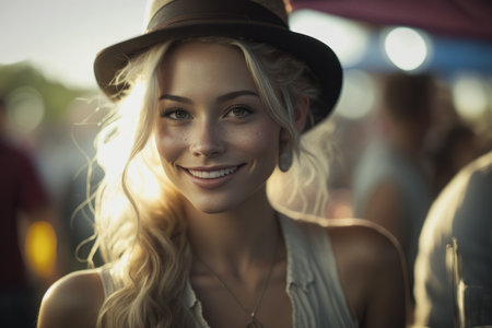 Beautiful smiling woman wearing hat at the hot summer vacation open air festival concert. Sunset lightの素材