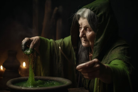 Old witch brews a green gurgling magic potion in large cauldron. Secret dark ceremony, ritual, Walpurgis night, Halloween.の素材