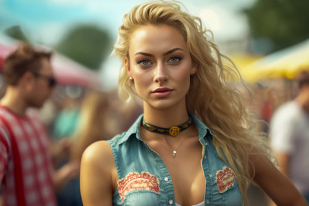 Beautiful blonde girl at the hot summer vacation open air festival concert.の素材