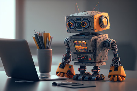Robot took away the workplace from an office employee and now instead works as a clerk, doing boring monotonous work at a laptopの素材