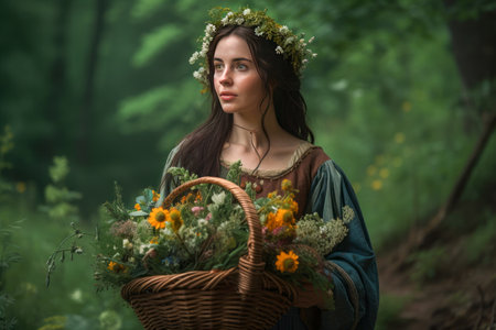 Beautiful Girl, Collecting Medicinal Herbs in Basket for Beltane May 1st Celebration. A lovely woman wearing traditional clothes, wrath of flowes, gathers a medicinal herbs in a basket.の素材