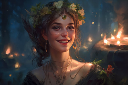 Beltane Celebration. Woman Participating in a Ritual Around a Bonfire. happy, beautiful, flirty girl enjoying the Beltane holiday ceremony.の素材