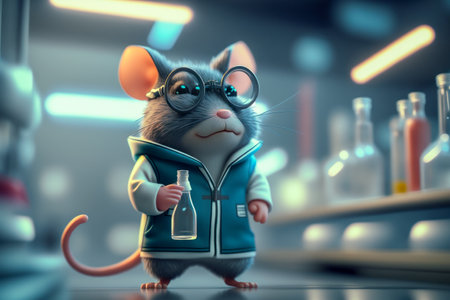 Scientist mouse in lab coat ready for science, medicine research. Laboratory blurred background. World Day For Animals In Laboratories, WDAIL, World Lab Animal Day, April 24. Concept illustrationの素材
