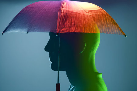 Human head under umbrella abstract illustration. Umbrella is a symbol of protection, safety, safe space. Psychology,, psychotherapy.の素材