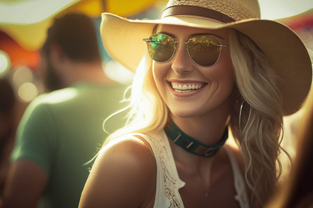 Beautiful smiling girl wearing hat and sunglasses at the hot summer vacation open air festival concert. Sunset lightの素材