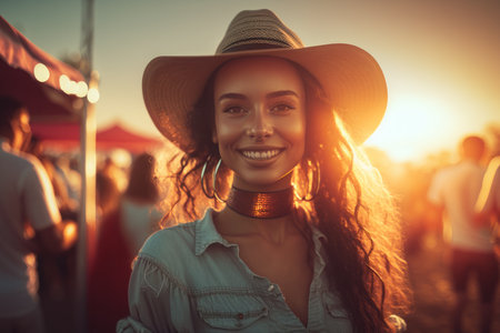 Beautiful smiling girl wearing hat at the hot summer vacation open air festival concert. Sunset lightの素材