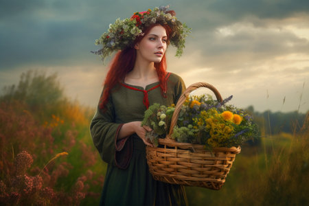 Beautiful Girl, Collecting Medicinal Herbs in Basket for Beltane May 1st Celebration. A lovely woman wearing traditional clothes, wrath of flowes, gathers a medicinal herbs in a basket.の素材