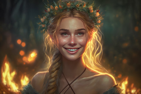 Beltane Celebration. Woman Participating in a Ritual Around a Bonfire. happy, beautiful, flirty girl enjoying the Beltane holiday ceremony.の素材