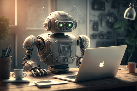 Robot took away the workplace from an office employee and now instead works as a clerk, doing boring monotonous work at a laptopの素材
