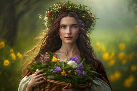 Beautiful Girl, Collecting Medicinal Herbs in Basket for Beltane May 1st Celebration. A lovely woman wearing traditional clothes, wrath of flowes, gathers a medicinal herbs in a basket.の素材
