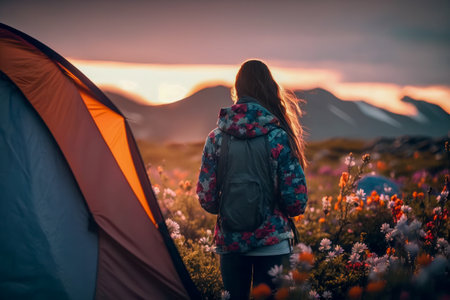 Traveler hiker girl, viewed from the back. Tourist tent. Mountains on blurred background. Sunset. Hiking, trekking, backpacking, camping in the mountains concept.の素材
