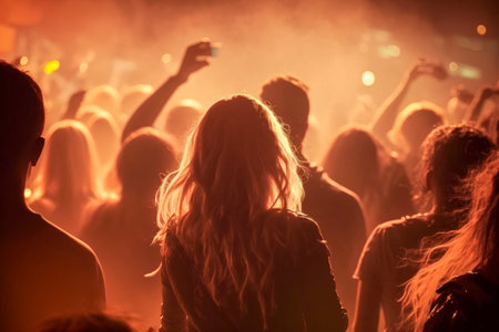 Crowd at concert, party. Silhouettes of people, spectators. abstract background.の素材