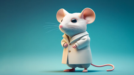 Scientist mouse in lab coat ready for science, medicine research. Laboratory blurred background. World Day For Animals In Laboratories, WDAIL, World Lab Animal Day, April 24. Concept illustration.の素材