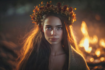 Beltane Celebration. Woman Participating in a Ritual Around a Bonfire. happy, beautiful, flirty girl enjoying the Beltane holiday ceremony.の素材