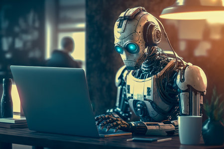 Robot took away the workplace from an office employee and now instead works as a clerk, doing boring monotonous work at a laptopの素材