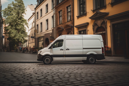 White cargo van, City street background.の素材