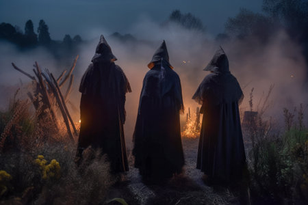 Coven of witches, viewed from the back. secret dark ceremony, ritual, Walpurgis night, Halloween...の素材