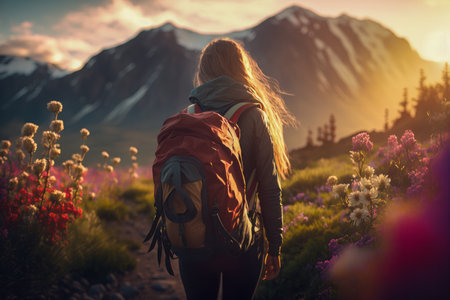 Traveler hiker camper girl wearing Big Trekking Backpack. Viewed from the back. Hillside covered with flowers. Mountains landscape. Hiking, trekking, backpacking, camping in the mountains concept.の素材