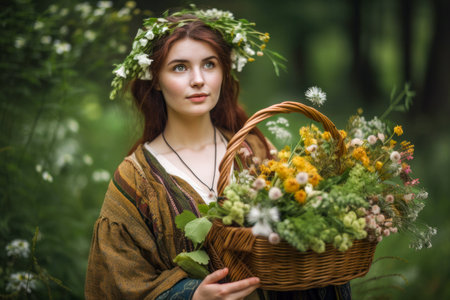 Beautiful Girl, Collecting Medicinal Herbs in Basket for Beltane May 1st Celebration. A lovely woman wearing traditional clothes, wrath of flowes, gathers a medicinal herbs in a basket.の素材