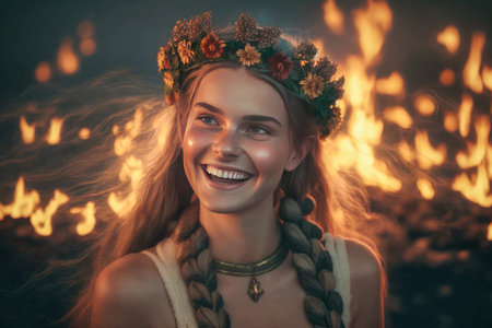 Beltane Celebration. Woman Participating in a Ritual Around a Bonfire. happy, beautiful, flirty girl enjoying the Beltane holiday ceremony.の素材