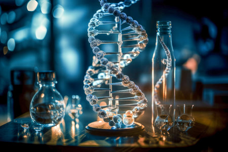 DNA helix model on the lab table. Blue toning, Blurred background.の素材