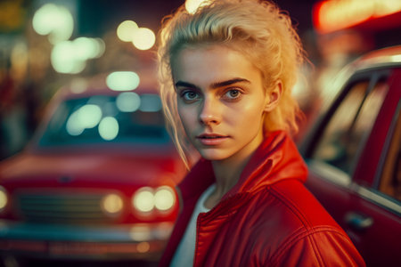 Eastern Europe blonde girl. 1990s fashion style, Night, car on background.の素材