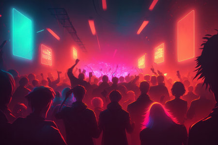 Crowd at concert, party. Silhouettes of people, spectators. abstract background.の素材