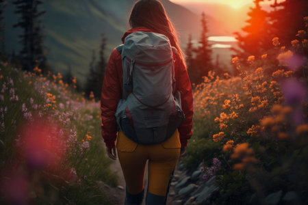 Traveler hiker camper girl wearing Big Trekking Backpack. Viewed from the back. Hillside covered with flowers. Mountains landscape. Hiking, trekking, backpacking, camping in the mountains concept.の素材