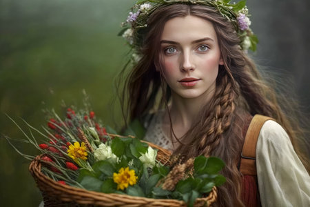 Beautiful Girl, Collecting Medicinal Herbs in Basket for Beltane May 1st Celebration. A lovely woman wearing traditional clothes, wrath of flowes, gathers a medicinal herbs in a basket.の素材