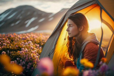 Traveler hiker woman, tourist tent. Mountains on blurred background. Sunset. Hiking, trekking, backpacking, camping in the mountains concept.の素材