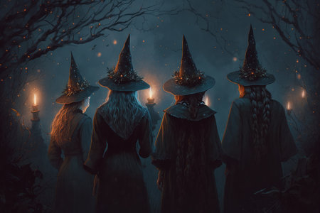 Coven of witches, viewed from the back. secret dark ceremony, ritual, Walpurgis night, Halloween...の素材