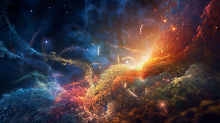 Panspermia, Life in space. DNA in the galaxy abstract background. Cosmic Space with Vibrant Nebula, Suggesting Extraterrestrial Life Originsの素材