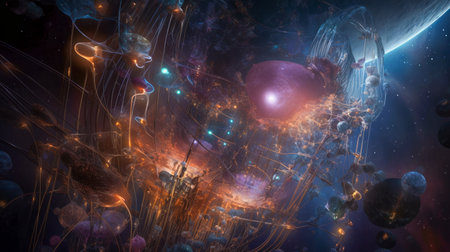 Panspermia, Life in space. DNA in the galaxy abstract background. Cosmic Space with Vibrant Nebula, Suggesting Extraterrestrial Life Originsの素材