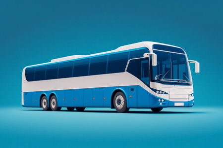 White intercity bus on solid blue background..の素材