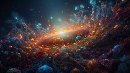 Panspermia, Life in space. DNA in the galaxy abstract background. Cosmic Space with Vibrant Nebula, Suggesting Extraterrestrial Life Originsの素材