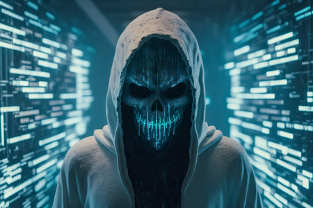 Scary AI skull hacker neural network wears hooded cloak. Analyses your big data personal banking information. Risk and Danger of Artificial Intelligence concept. Cyberpunk character abstract illustration.の素材